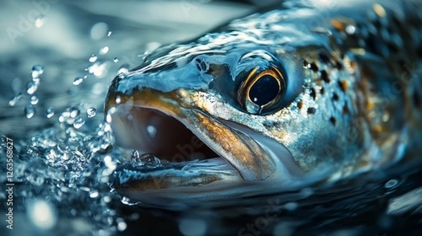 Fototapeta A fish approaches the water surface, feeding with its mouth open. The intricate scales glisten as droplets surround it, highlighting the beauty of aquatic life and feeding behavior.