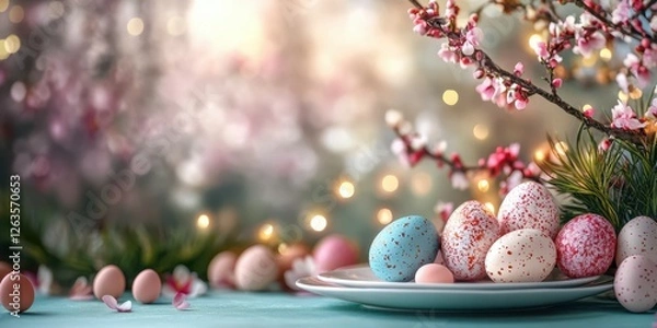 Fototapeta Colorful Easter eggs arranged on a plate with cherry blossoms and soft lighting in a festive spring setting