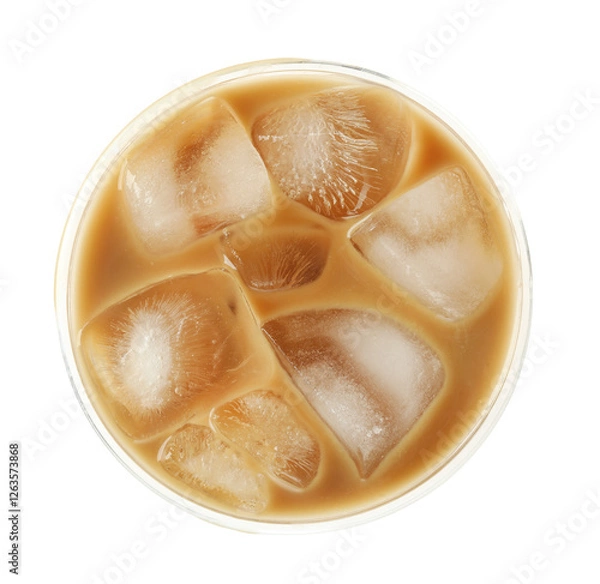 Fototapeta Refreshing iced coffee with milk in plastic cup isolated on white, top view