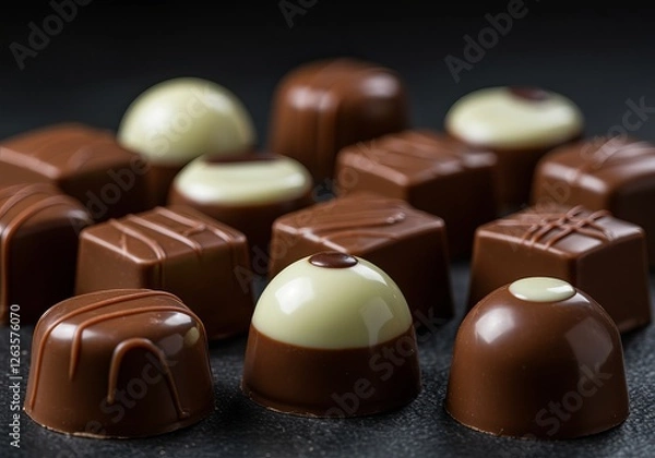 Obraz Closeup of many chocolate candies pralines on a dark background Generated with AI