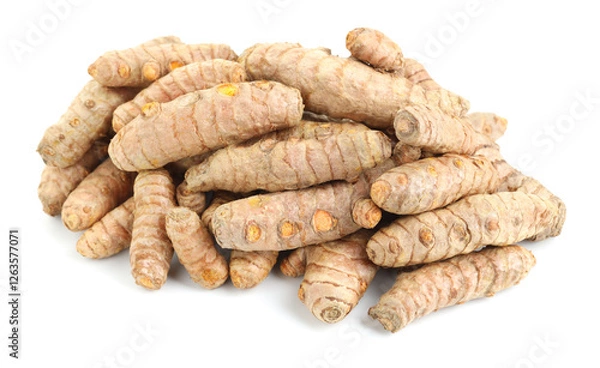 Fototapeta Pile of fresh turmeric roots isolated on white, above view