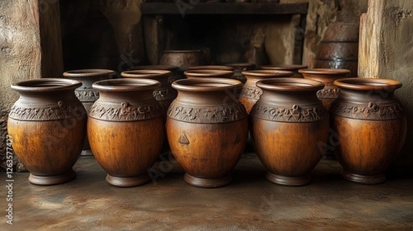Fototapeta A collection of intricately carved wooden pots arranged in a rustic setting