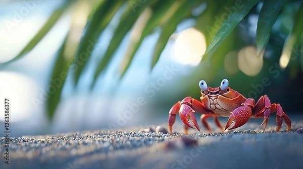 Fototapeta   A photo of a crab zoomed in on the beach next to a palm tree with water visible in the background