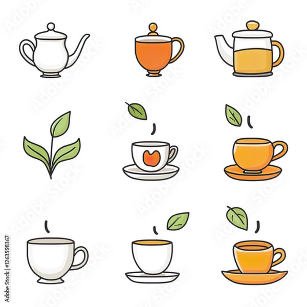 Obraz Tea and Beverage Icons – Cups, Teapots, and Hot Drinks in Modern Design