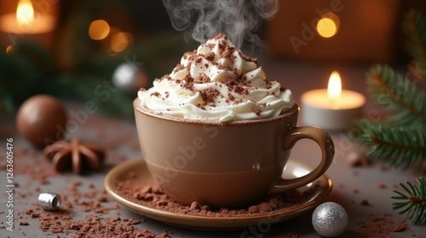 Fototapeta A steaming cup of hot chocolate topped with whipped cream and chocolate shavings