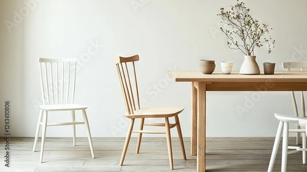 Obraz   A wooden table with two white chairs and a vase containing a flower rests atop the wooden table