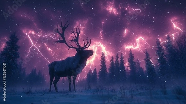 Obraz Lightning Crowned Deer at Night, 雷の角を持つ鹿と飛び交う雪の夜.Generative AI