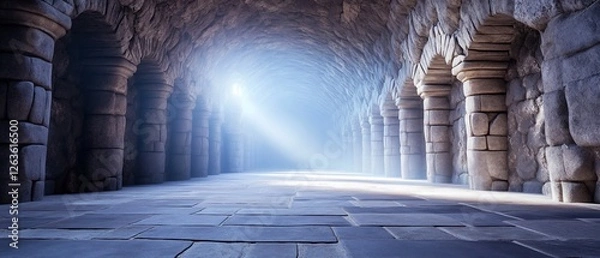 Obraz Stone corridor, light at end, arched ceiling, game background
