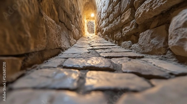 Obraz Stone passage, sunlight at end, ancient walls, historical site, travel