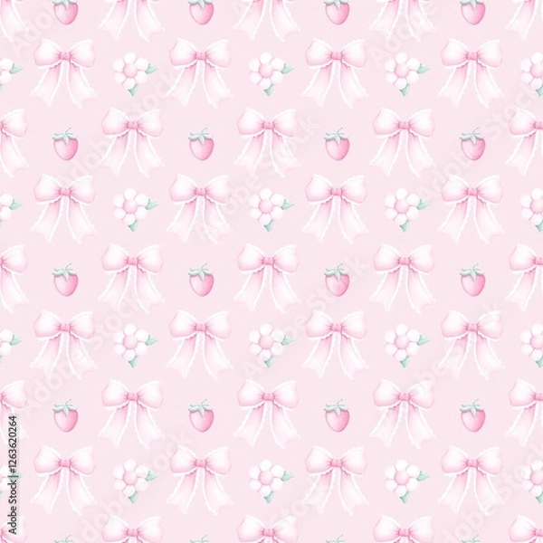 Obraz Seamless Pattern with Elegant Pink Bows, Delicate Flowers, and Sweet Strawberries on a Soft Pastel Background. Aesthetic print . Ideal for fabric,scrapbooking,banner , card, wrapping paper