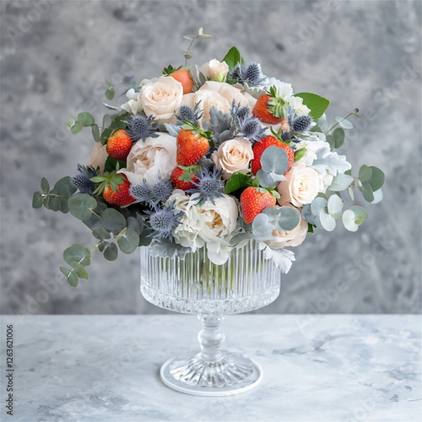 Obraz A beautiful glass vase, overflowing with vibrant flowers and fresh strawberries, elegantly placed on a stylish table