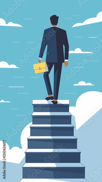 Fototapeta Businessman Building Success Stairway with Cube Letters, Illustrating Steps to Achieve Success in Corporate World