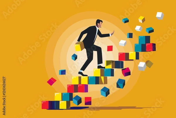 Obraz Businessman Building Success Stairway with Cube Letters, Illustrating Steps to Achieve Success in Corporate World