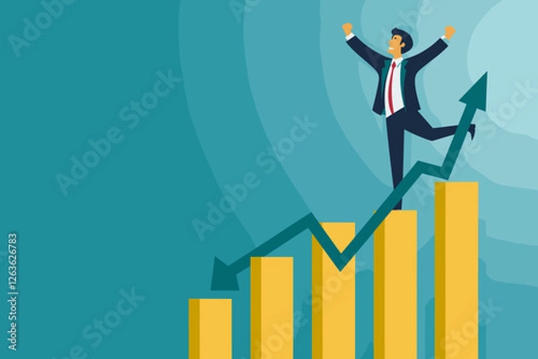 Fototapeta Businessman Celebrates Career Growth Standing on Top of Growth Chart, Flag in Hand, Symbol of Achievement