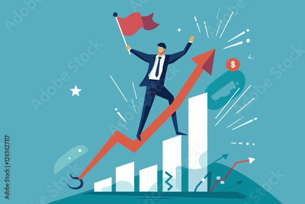 Fototapeta Businessman Celebrates Career Growth Standing on Top of Growth Chart, Flag in Hand, Symbol of Achievement
