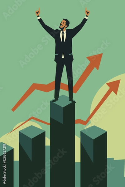 Fototapeta Businessman Celebrates Career Growth Standing on Top of Growth Chart, Flag in Hand, Symbol of Achievement