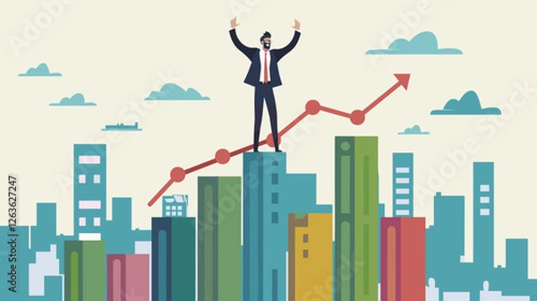 Obraz Businessman Celebrates Career Growth Standing on Top of Growth Chart, Flag in Hand, Symbol of Achievement
