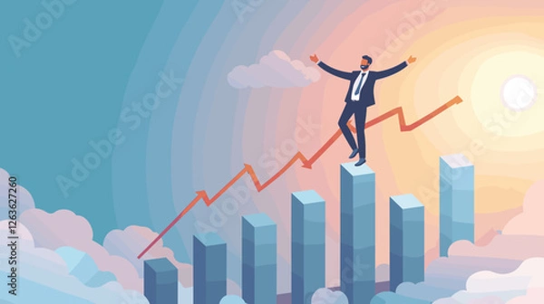 Obraz Businessman Celebrates Career Growth Standing on Top of Growth Chart, Flag in Hand, Symbol of Achievement