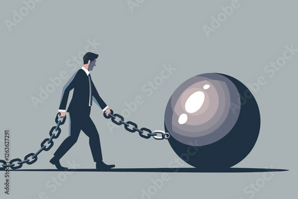 Fototapeta Businessman Chained to Metal Ball, Representing Financial Crisis and Burden in Business Environment