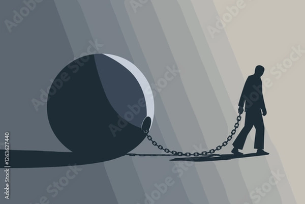 Obraz Businessman Chained to Metal Ball, Representing Financial Crisis and Burden in Business Environment