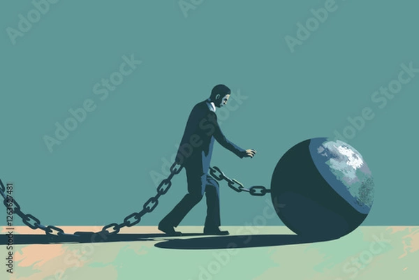 Fototapeta Businessman Chained to Metal Ball, Representing Financial Crisis and Burden in Business Environment