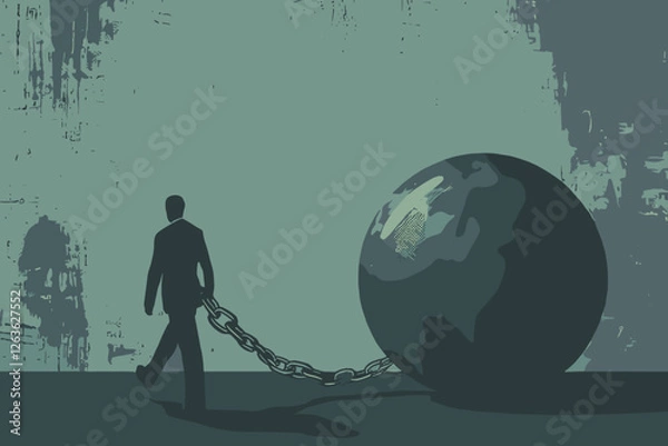 Fototapeta Businessman Chained to Metal Ball, Representing Financial Crisis and Burden in Business Environment