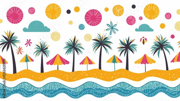 Fototapeta Colorful beach scene border with palm trees, umbrellas, and decorative elements