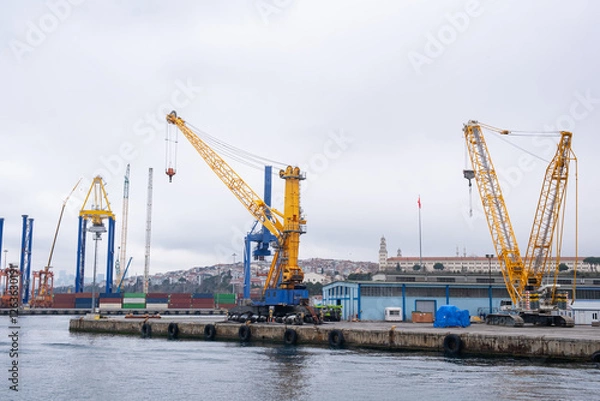 Fototapeta Large industrial port with cranes and cargo ships. Busy shipping port of Haydarpasa and container terminal in Harem Istanbul on sunny day
