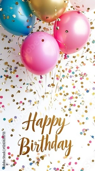 Fototapeta A festive arrangement of colorful balloons with shimmering confetti, capturing the joyful essence of a birthday celebration with vibrant colors and a cheerful atmosphere.