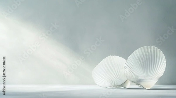 Fototapeta   A duo of seashells resting atop a white table, adjacent to a gray backdrop, within a spacious chamber