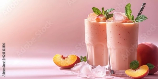 Obraz Refreshing peach smoothies served in clear glasses with mint and ice on a soft pink background during summer