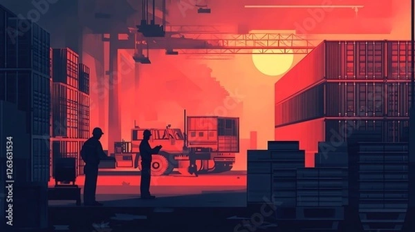 Obraz Two workers overseeing cargo operations at a port during sunset.