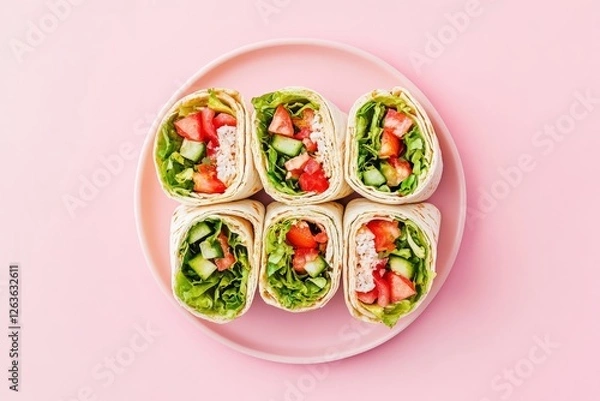 Fototapeta Fresh vegetable wraps on a pink plate served in a delightful arrangement