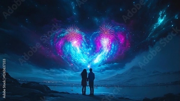 Obraz Silhouetted Lovers Embracing as Fireworks Light Up the Night
