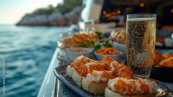 Fototapeta A plate of food and a glass of beer are on a boat in the ocean
