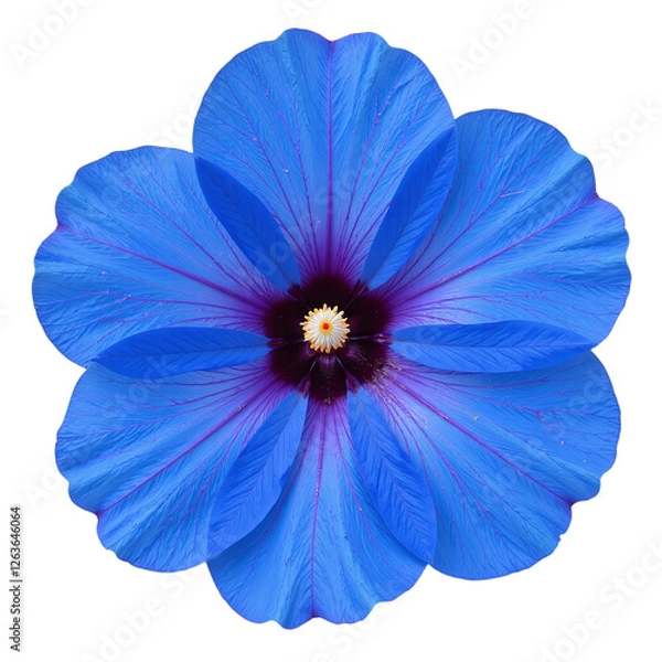 Fototapeta Closeup of a vibrant blue flower with visible details of petals and center.  Cutout image on black background.