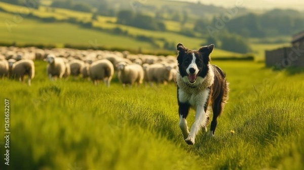 Fototapeta Border Collie Herding Sheep in a Grassy Field