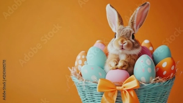 Fototapeta a wicker basket with colorful eggs and a rabbit in it on a clear orange background with copy space