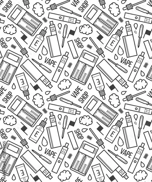 Fototapeta Vape pattern. Vector seamless pattern of vape and accessories. Isolated on white background. Endless background electronic cigarette. Icons pattern for vape shop, e-cigarette store