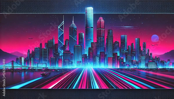 Obraz サイバーパンク都市の夜景 – ピンクとブルーの未来的スカイライン