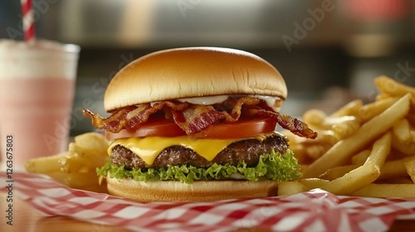 Obraz Juicy bacon cheeseburger fries milkshake diner