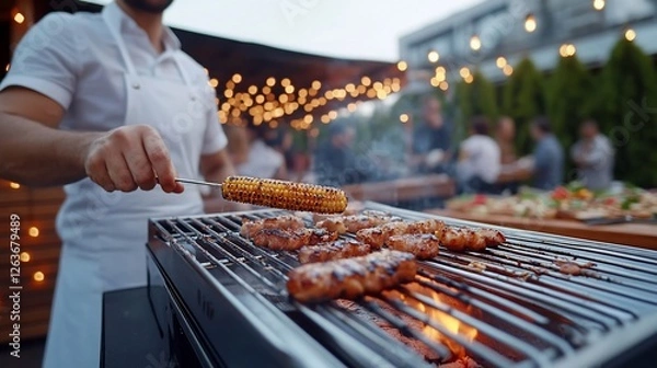 Obraz Man grilling sausages, corn at rooftop party