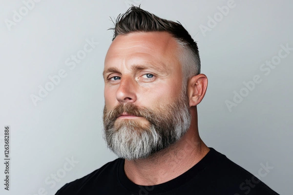 Fototapeta Portrait of a Confident Man with Stylish Haircut and Impressive Beard, Displaying a Serious Expression Against a Neutral Background
