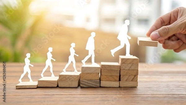 Fototapeta Ascending the Ladder of Success:  A symbolic representation of career growth and advancement, with paper cutouts of individuals ascending wooden steps toward a brighter future.