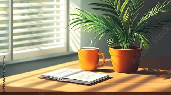 Fototapeta Sunlit table with book, coffee mug, and potted plant.