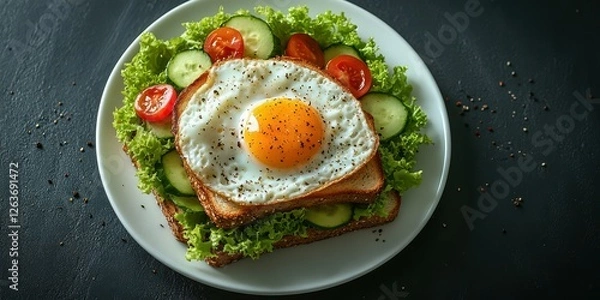 Obraz Delicious breakfast featuring toast topped with a fried egg, fresh cucumbers, and cherry tomatoes on a bed of lettuce