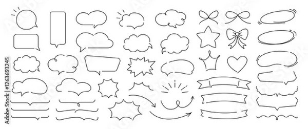 Obraz Set of hand drawn doodle speech bubble line balloon frame text box. Comic doodle underlines, icons, emphasis, speech bubbles, arrows, shapes and decoration. Vector illustration