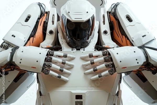 Fototapeta Futuristic robot with hands on chest ready for action close up isolated on white background