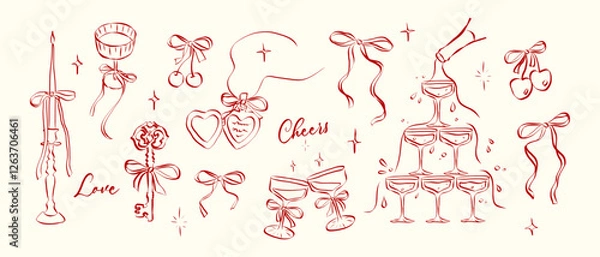 Fototapeta Hand drawn coquette aesthetics elements. Vintage cute symbols with ribbon and bow in simple crayon and sketch style. Trendy art for Valentine day and wedding invitations. Outline vector illustration