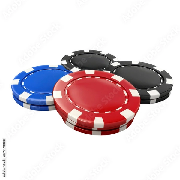 Fototapeta Stack of colorful casino chips in red, blue, and black on a transparent background Concept of gambling, poker, and casino games